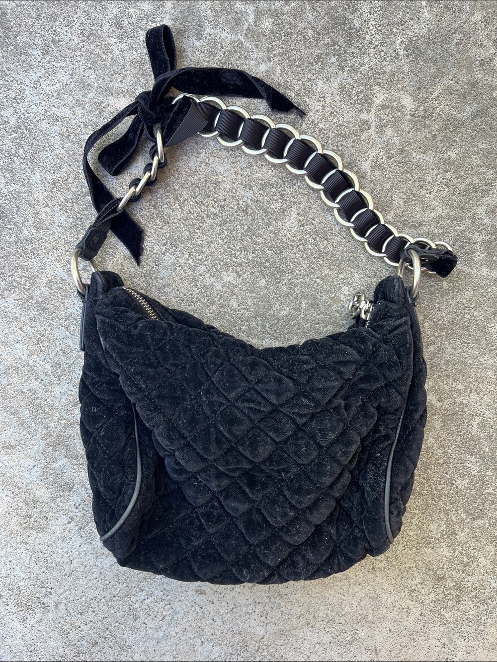 Marc Jacobs Black Quilted Velvet Shoulder Bag with Chain Detail preloved